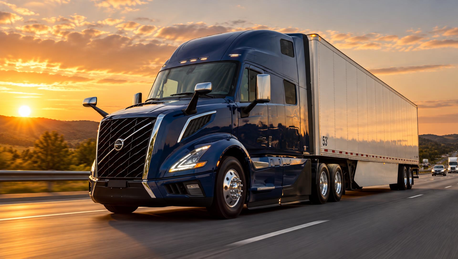 New navy Volvo VNL truck hauling a dry van trailer at sunset